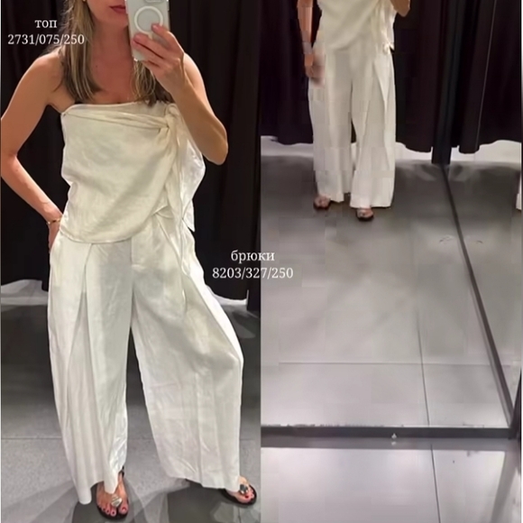 Zara Zw Collec 100% Linen High-rise Wide Leg Pleated Volume Cropped Pants - Picture 4 of 11